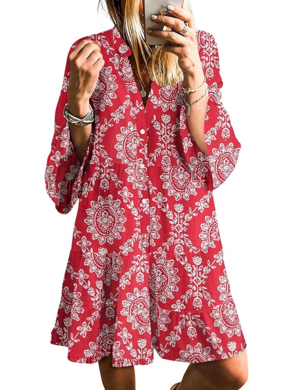 Casual V Neck Tribal Mini Beach Dress for Women - Long Sleeve Summer Style